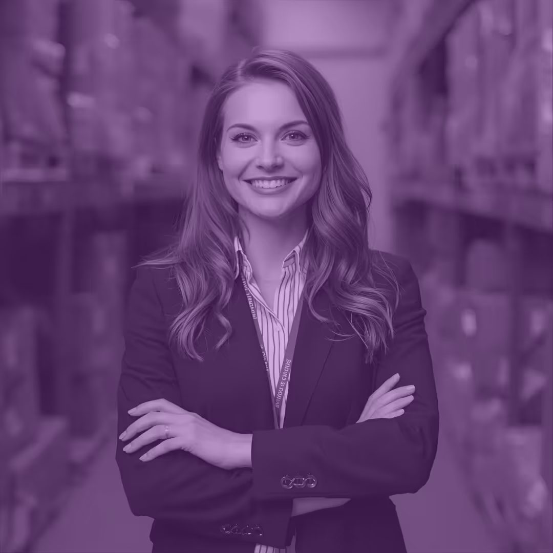 A female Supply Chain Professional portrait stood in a warehouse.