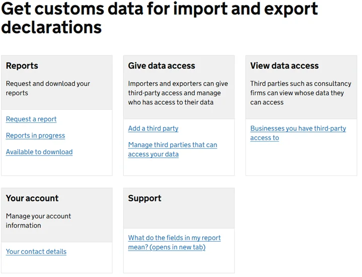 GOV.UK customs data service dashboard showing Reports, Give Data Access, and View Data Access options