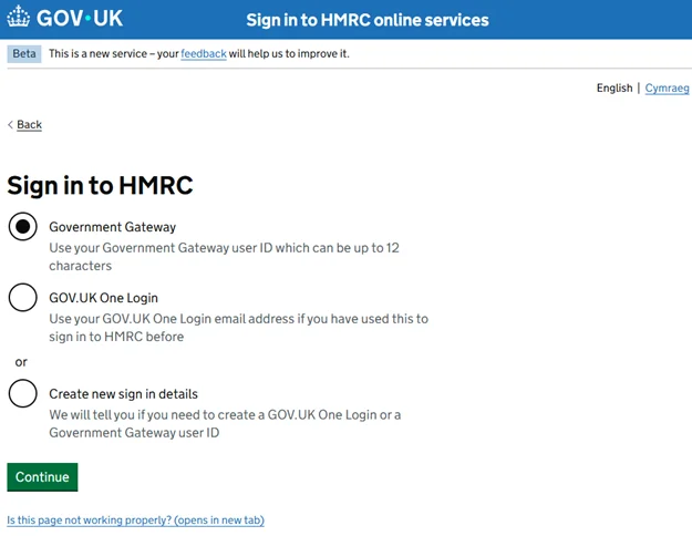 HMRC sign-in page showing Government Gateway, GOV.UK One Login, and Create new sign-in options