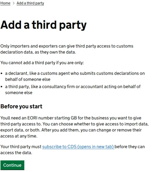 GOV.UK Add a third party page explaining who can give access to customs declaration data