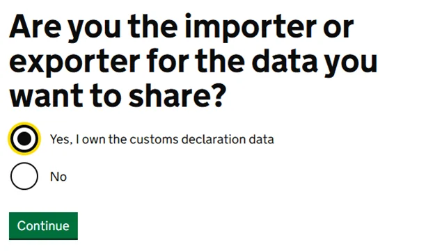 Confirmation screen asking if you are the importer or exporter for the data you want to share