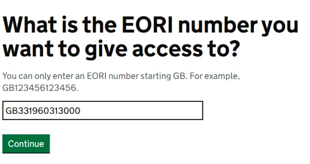 EORI number input field showing GB331960313000 entered for Barbourne Brook